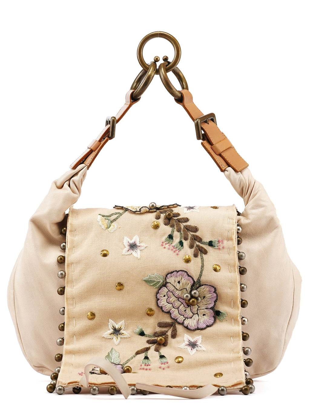 Cream Leather Embroidered Embwellished Hobo Bag