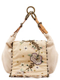 Cream Leather Embroidered Embwellished Hobo Bag