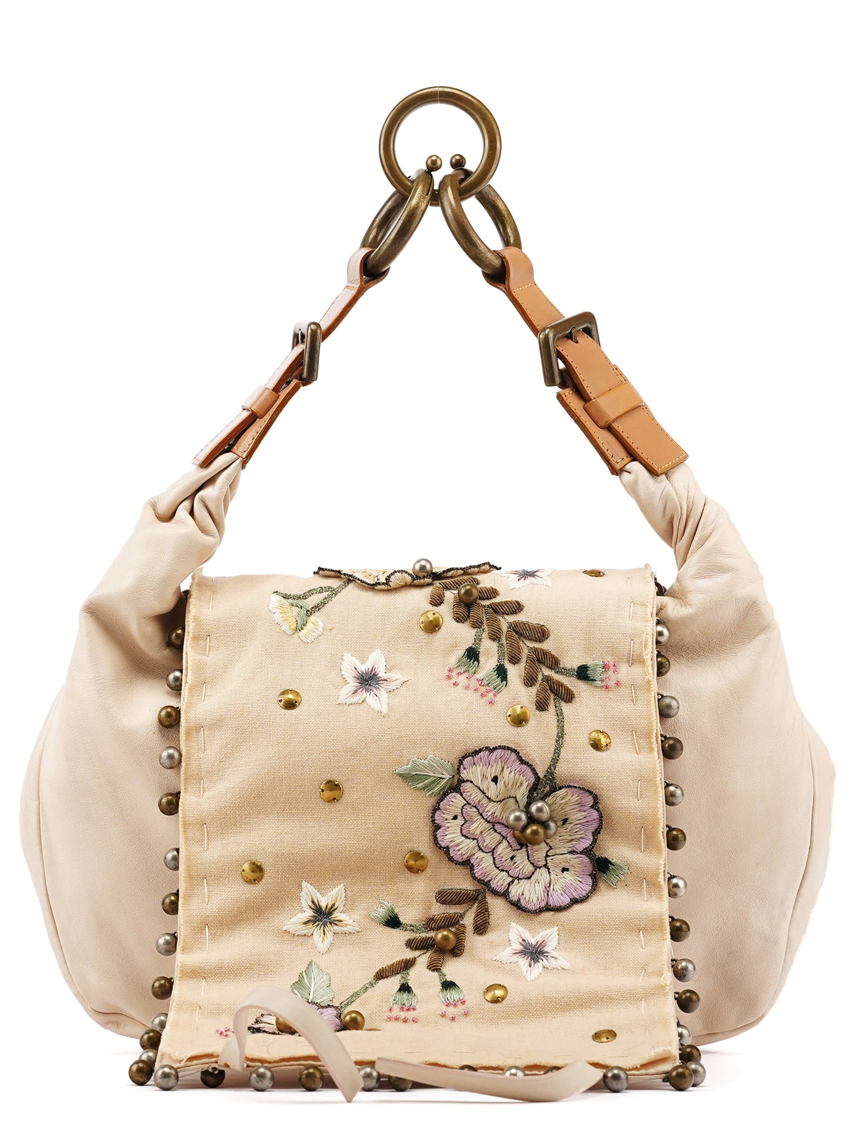 Cream Leather Embroidered Embwellished Hobo Bag