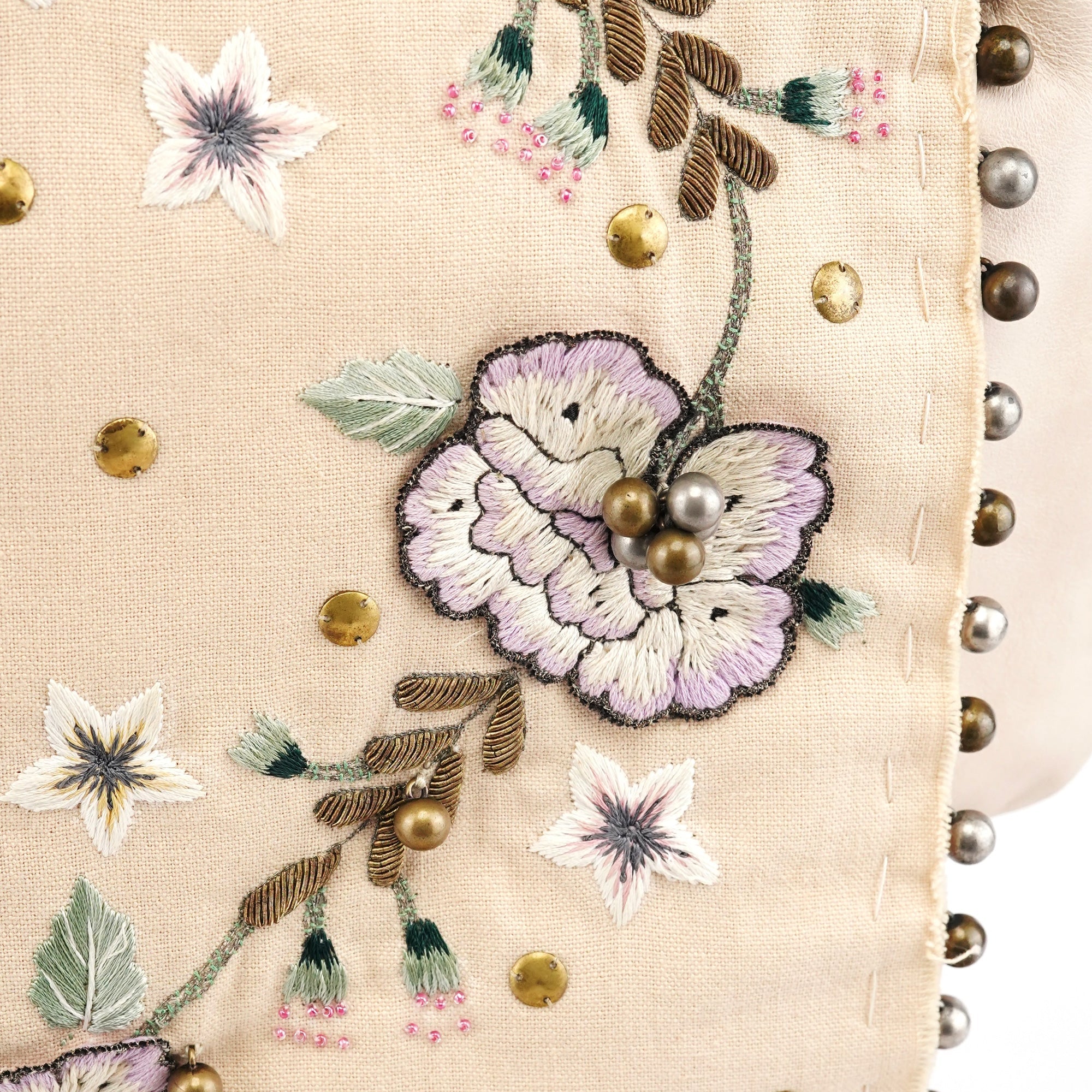Cream Leather Embroidered Embwellished Hobo Bag