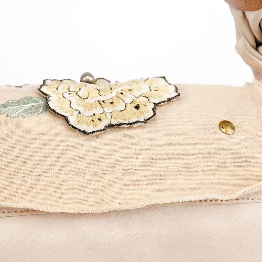 Cream Leather Embroidered Embwellished Hobo Bag