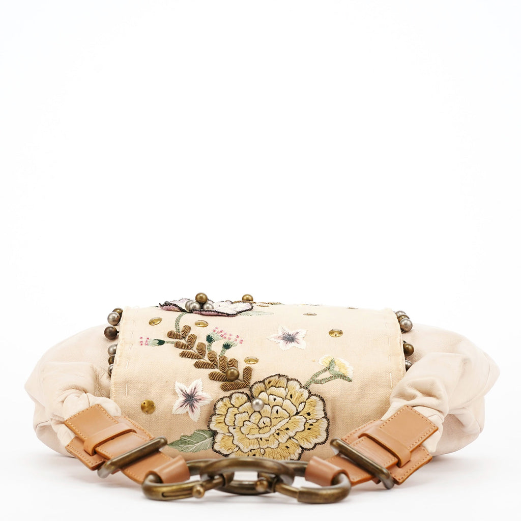 Cream Leather Embroidered Embwellished Hobo Bag