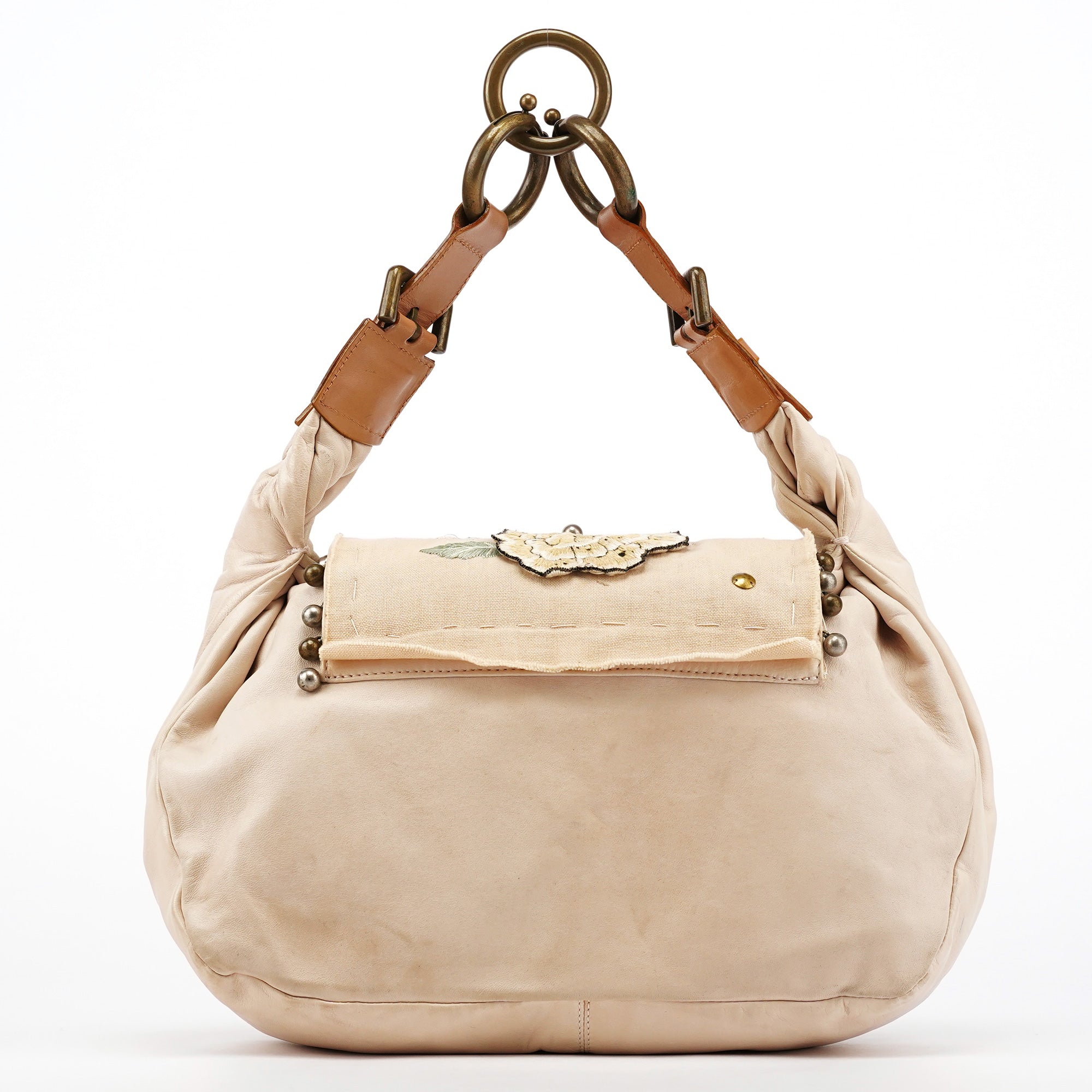 Cream Leather Embroidered Embwellished Hobo Bag
