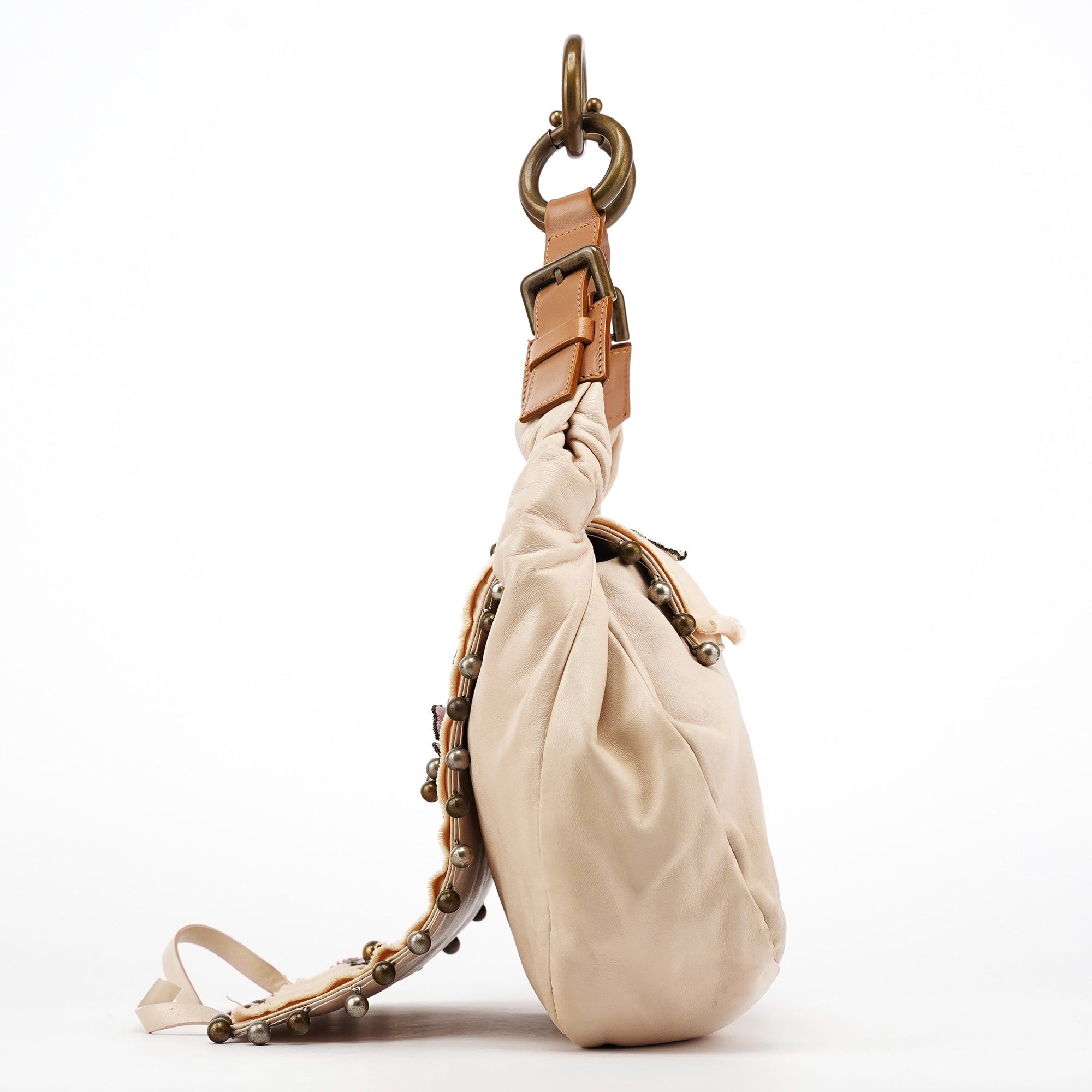 Cream Leather Embroidered Embwellished Hobo Bag