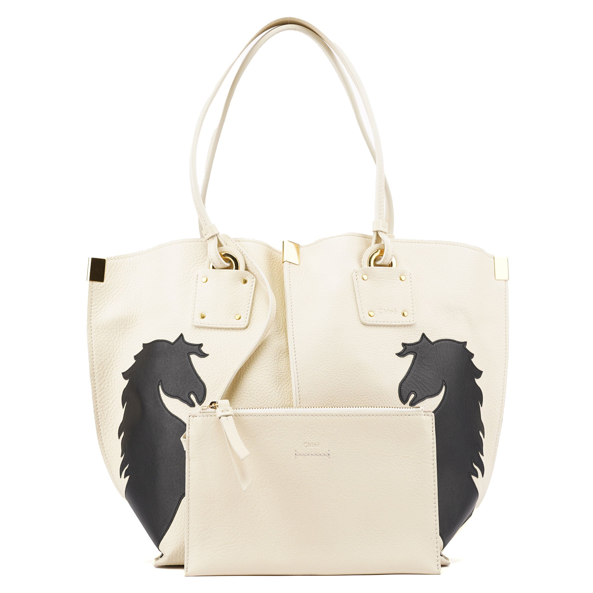 Ecru Leather Horse Appliqué Tote Bag