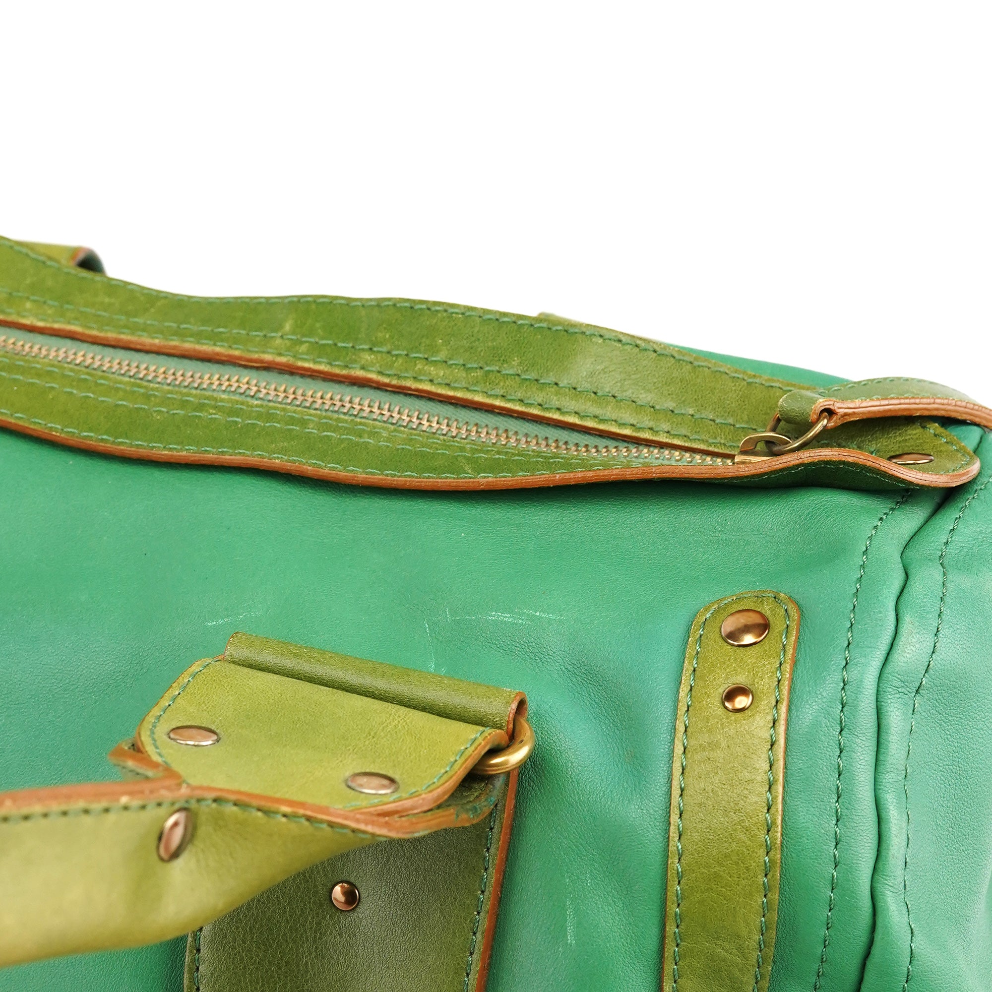 Green Leather Boston Tote Bag