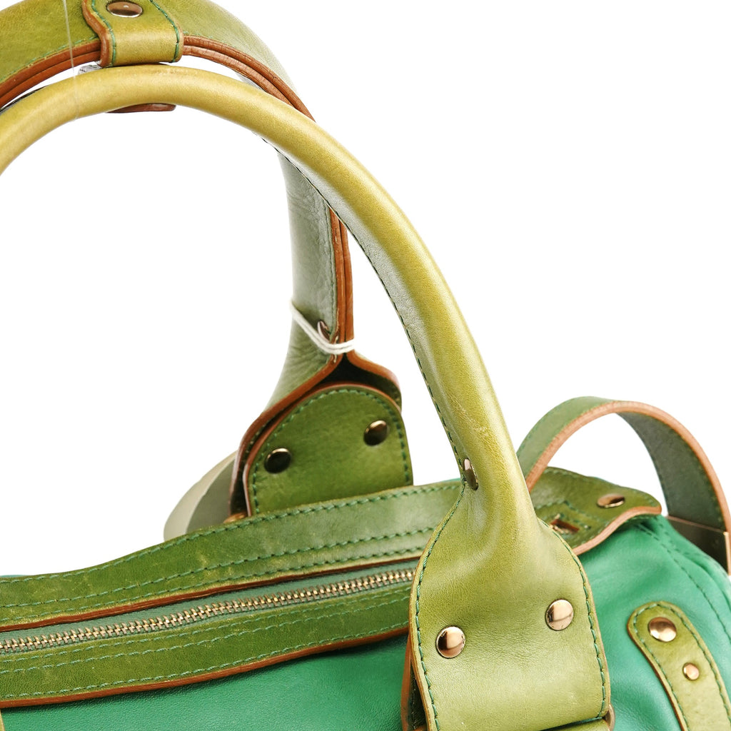 Green Leather Boston Tote Bag