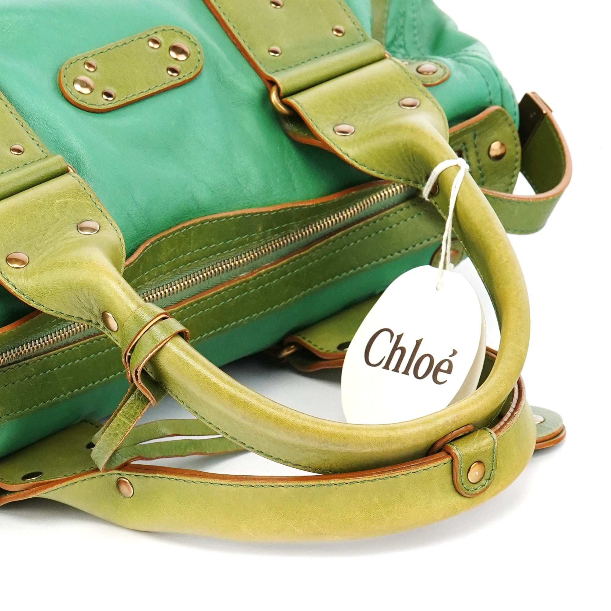 Green Leather Boston Tote Bag