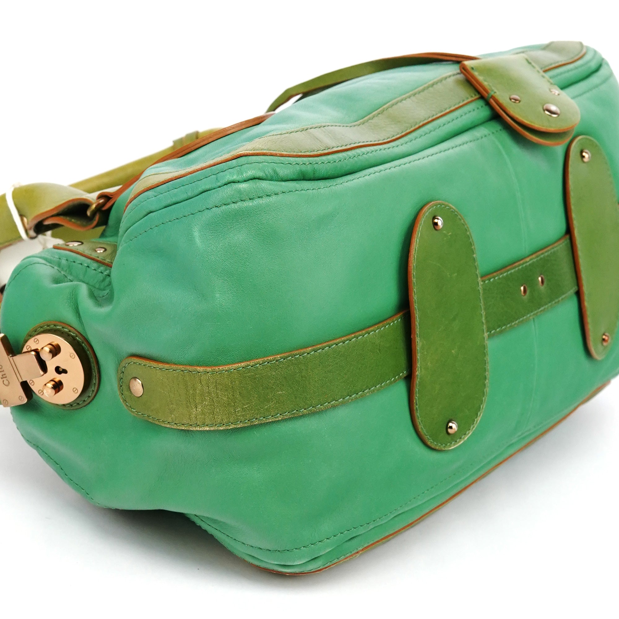 Green Leather Boston Tote Bag