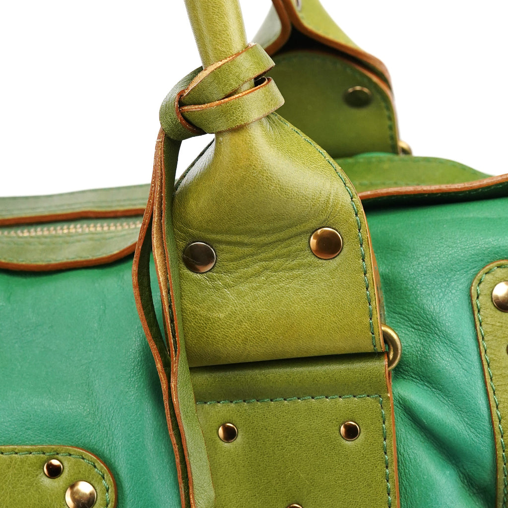 Green Leather Boston Tote Bag