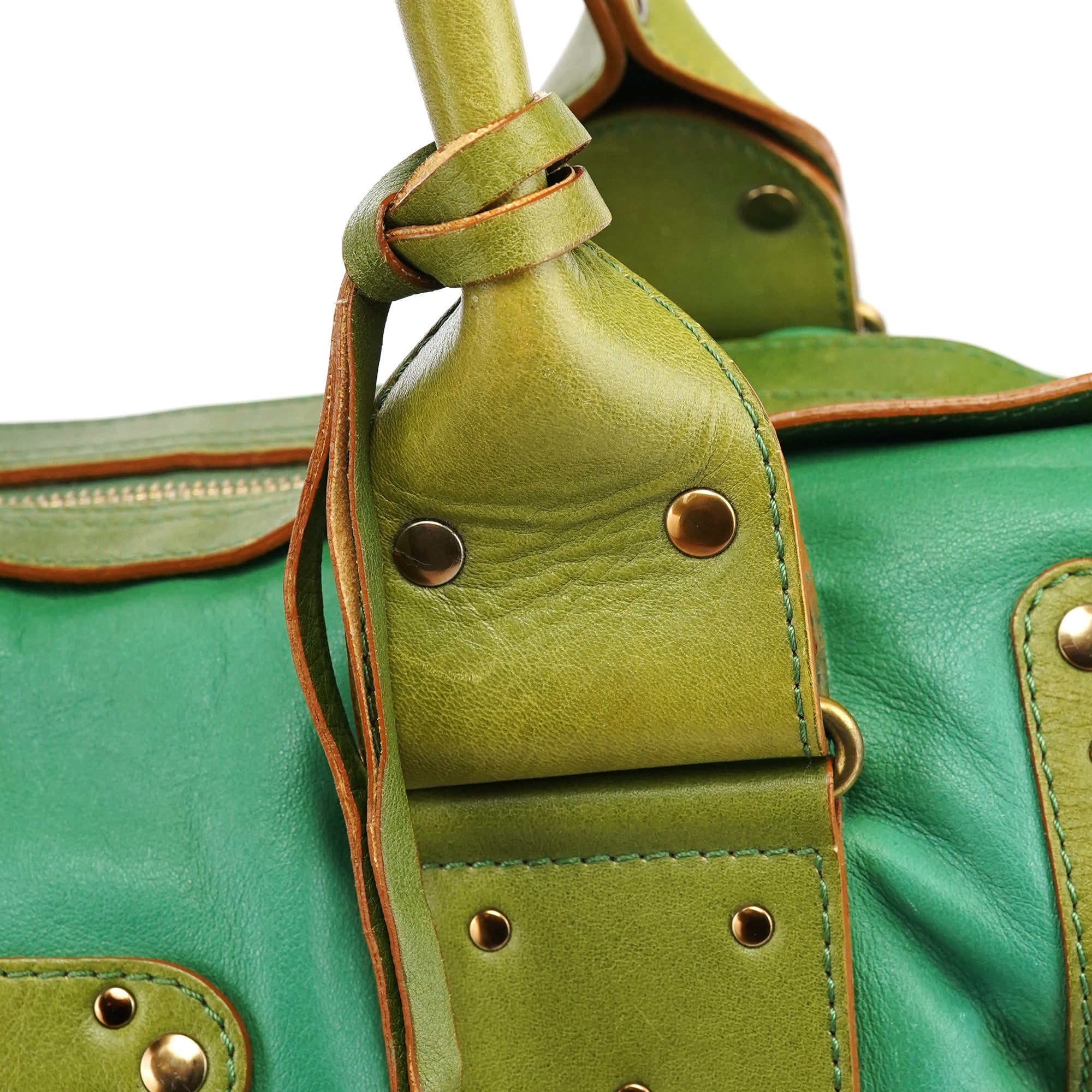 Green Leather Boston Tote Bag