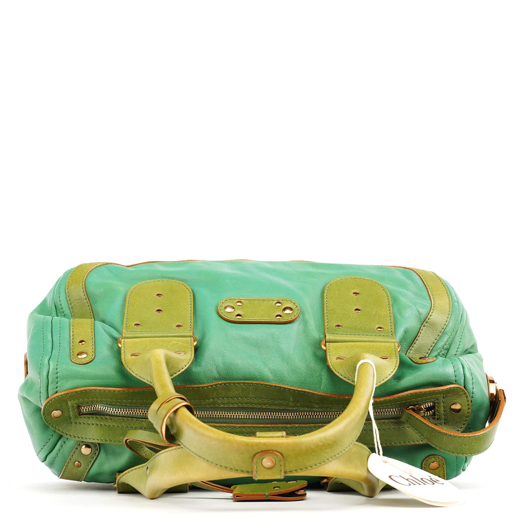 Green Leather Boston Tote Bag