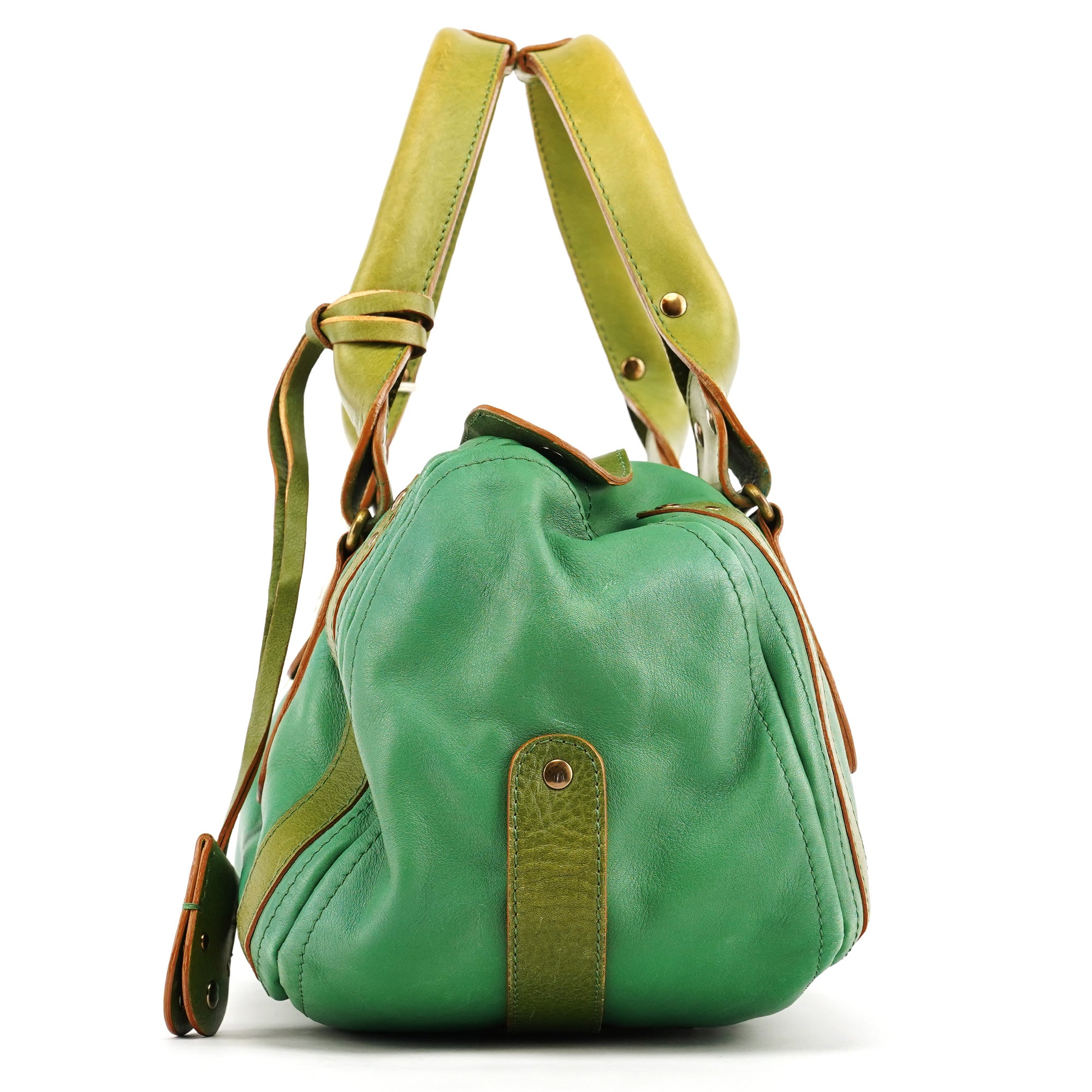Green Leather Boston Tote Bag