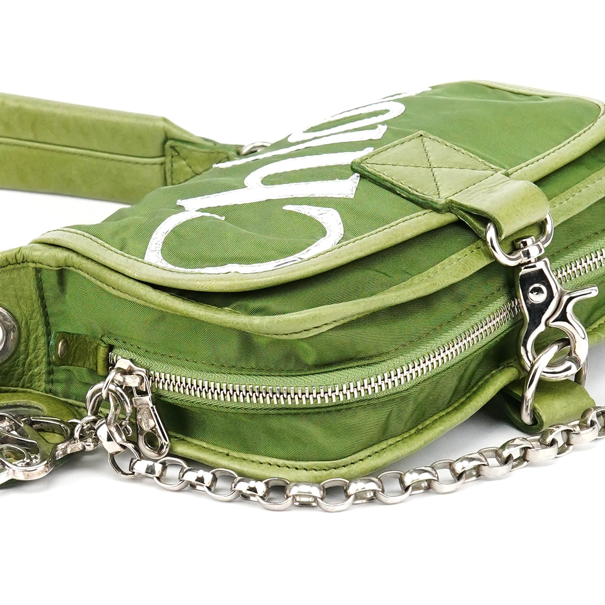 Green Nylon Logo Flap Shoulder Bag