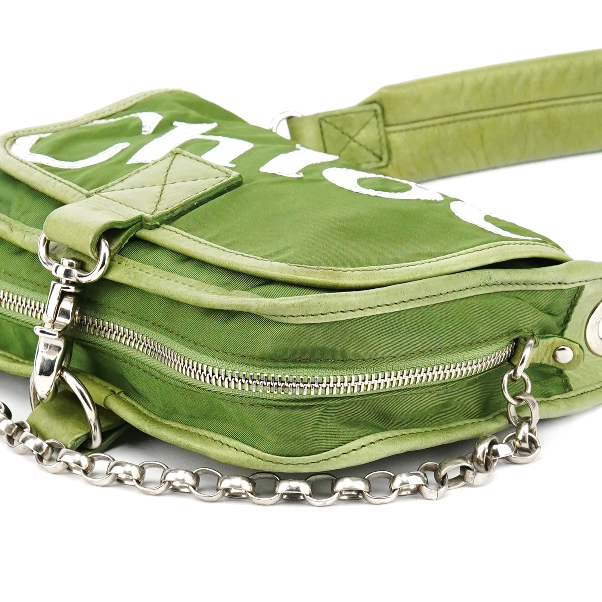 Green Nylon Logo Flap Shoulder Bag