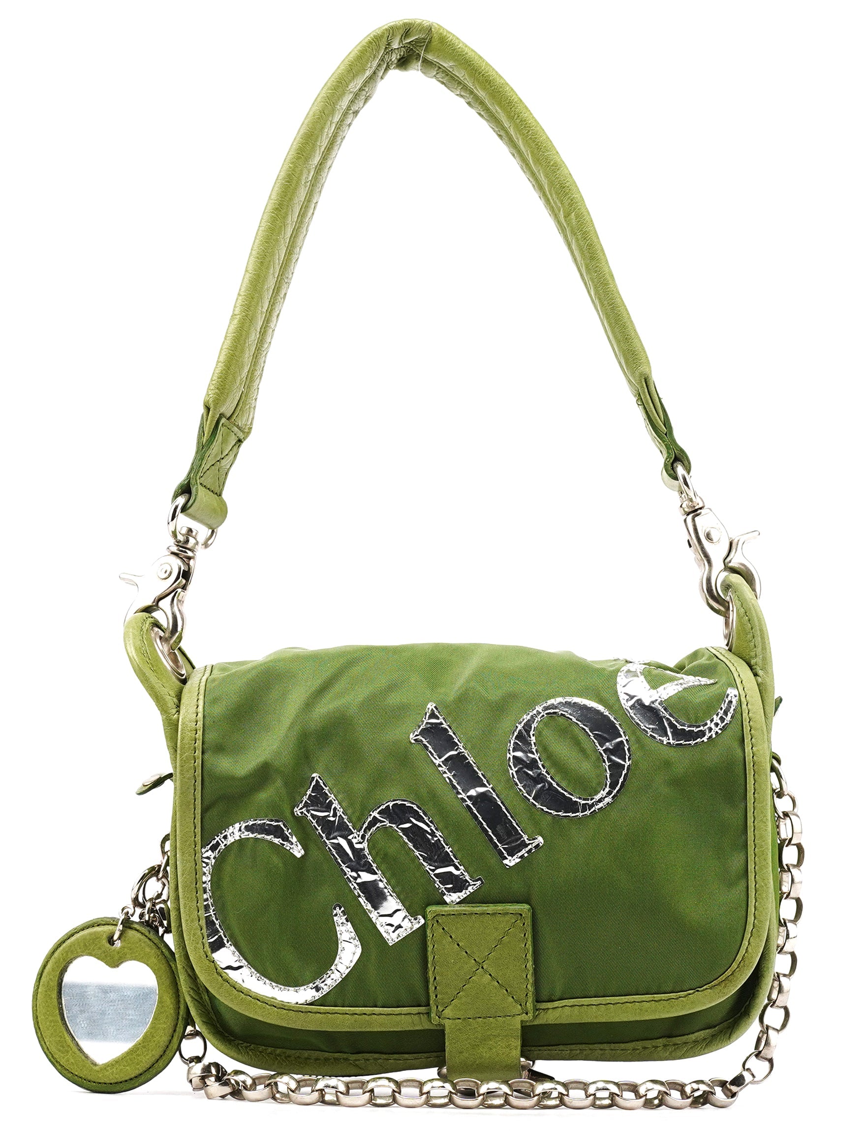 Green Nylon Logo Flap Shoulder Bag