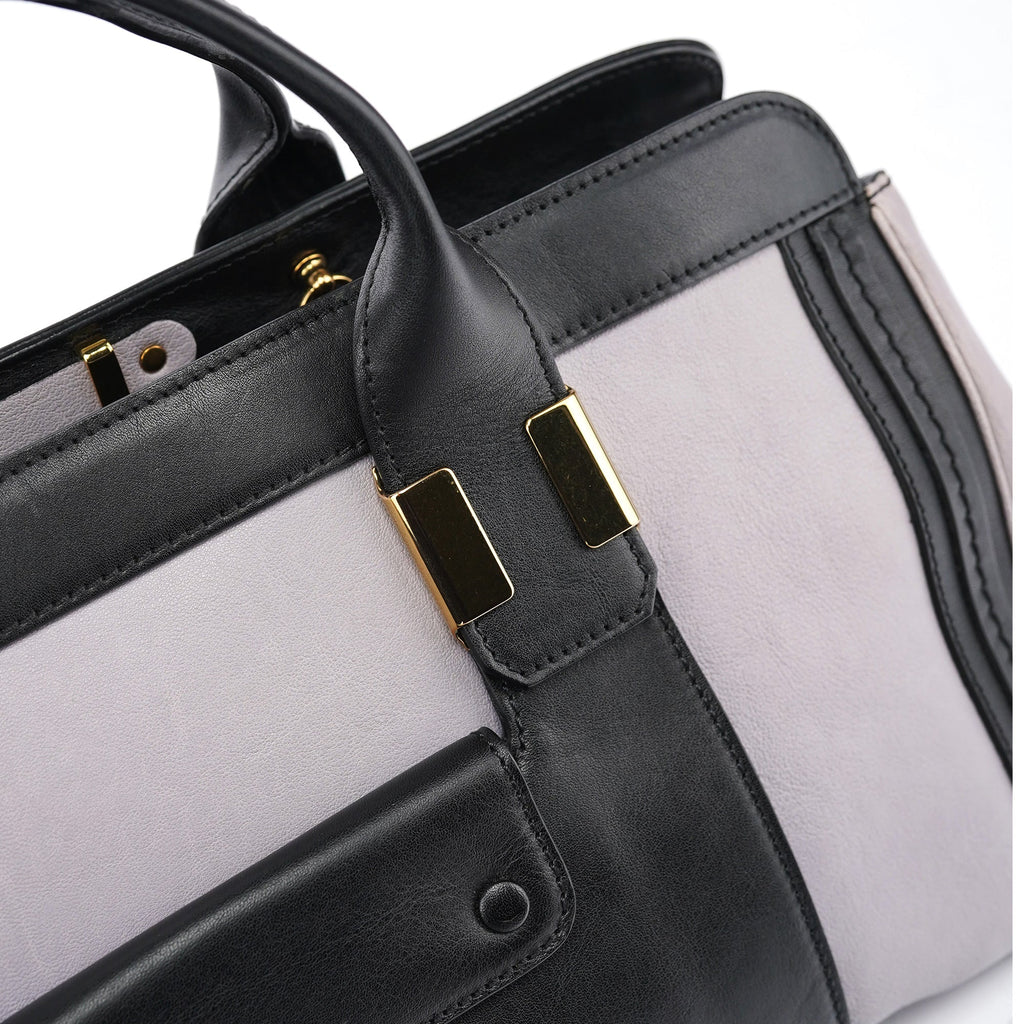 Grey Black Calfskin Leather Tote Bag