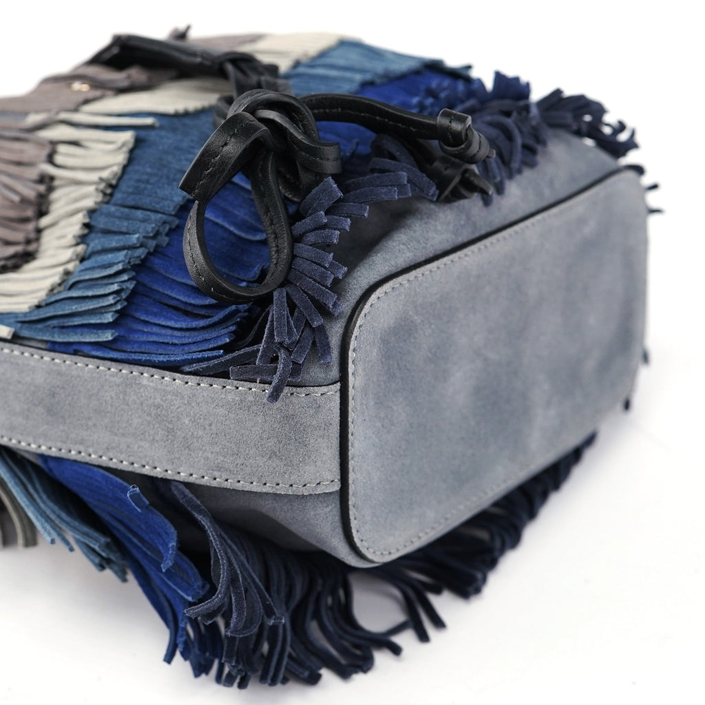 Grey Blue Suede Fringe 2-Way Bag