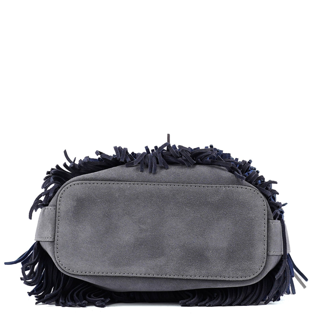 Grey Blue Suede Fringe 2-Way Bag