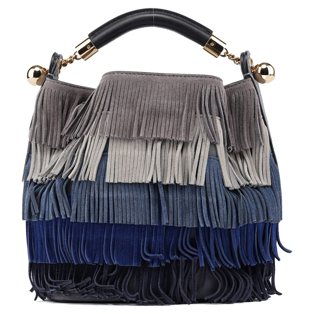 Grey Blue Suede Fringe 2-Way Bag