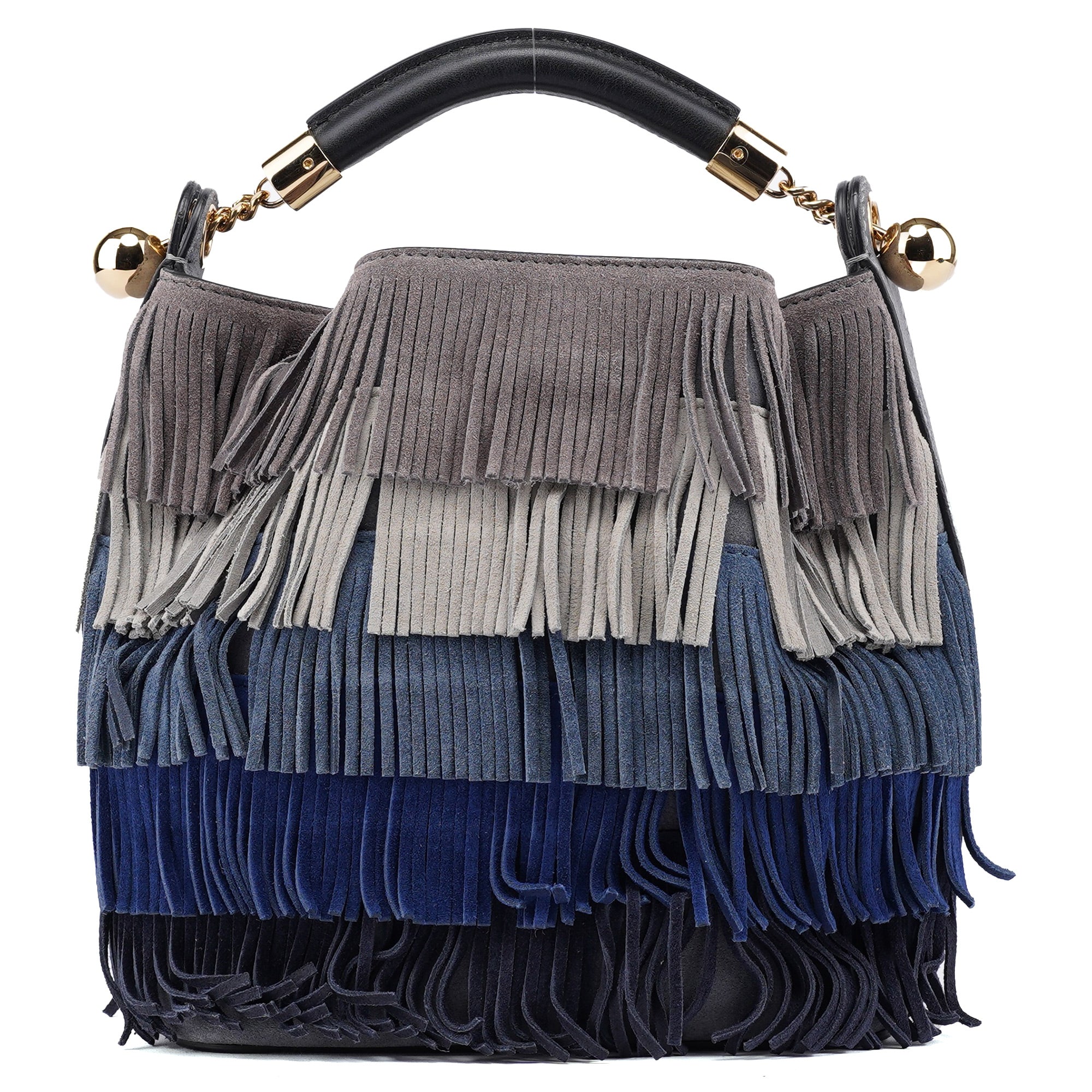 Grey Blue Suede Fringe 2-Way Bag