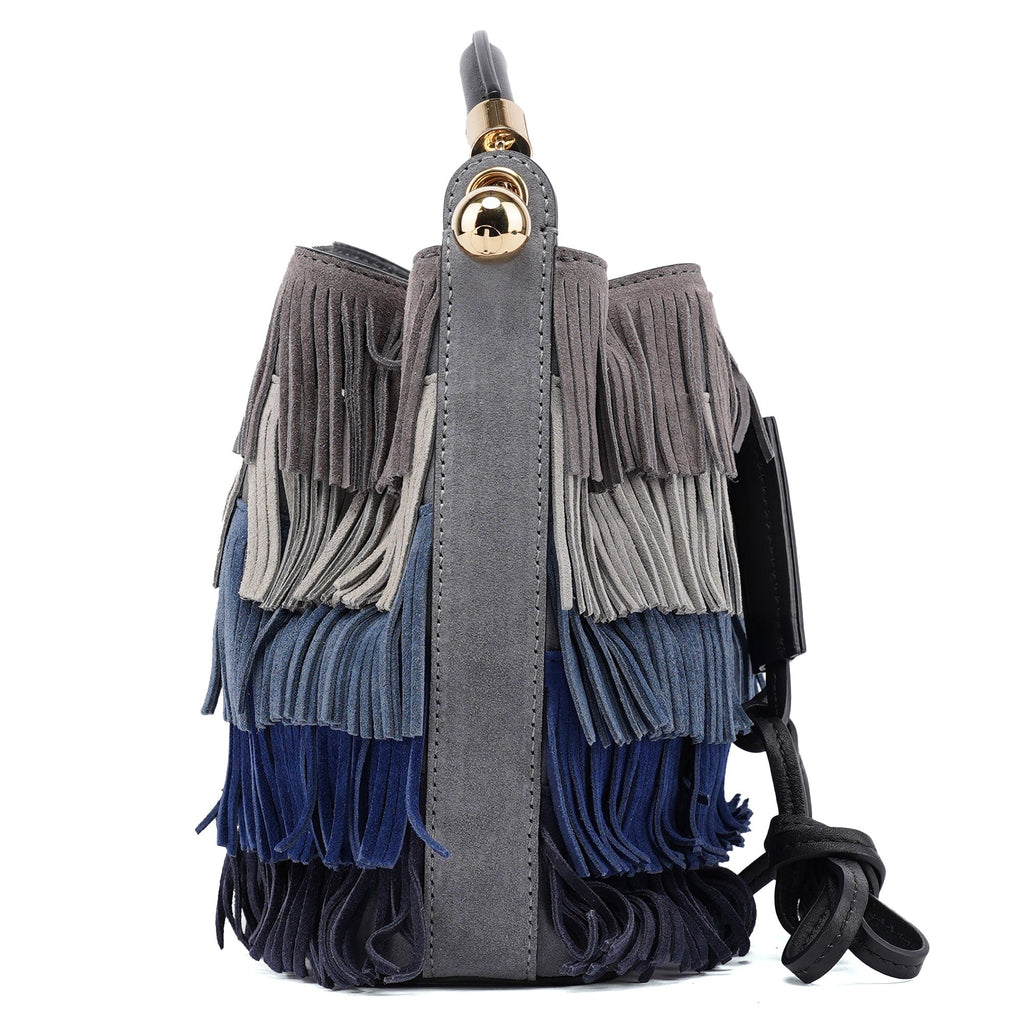 Grey Blue Suede Fringe 2-Way Bag