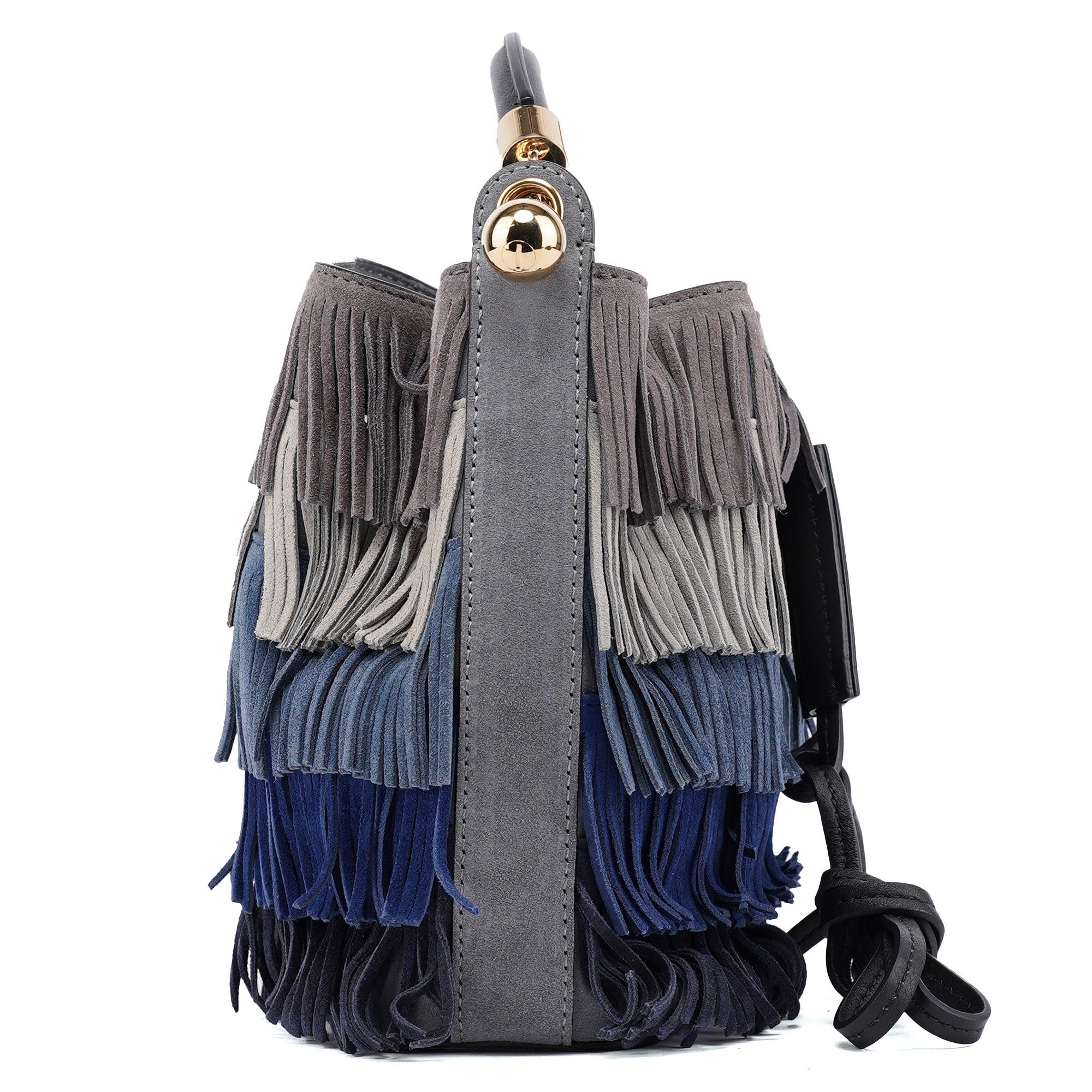 Grey Blue Suede Fringe 2-Way Bag