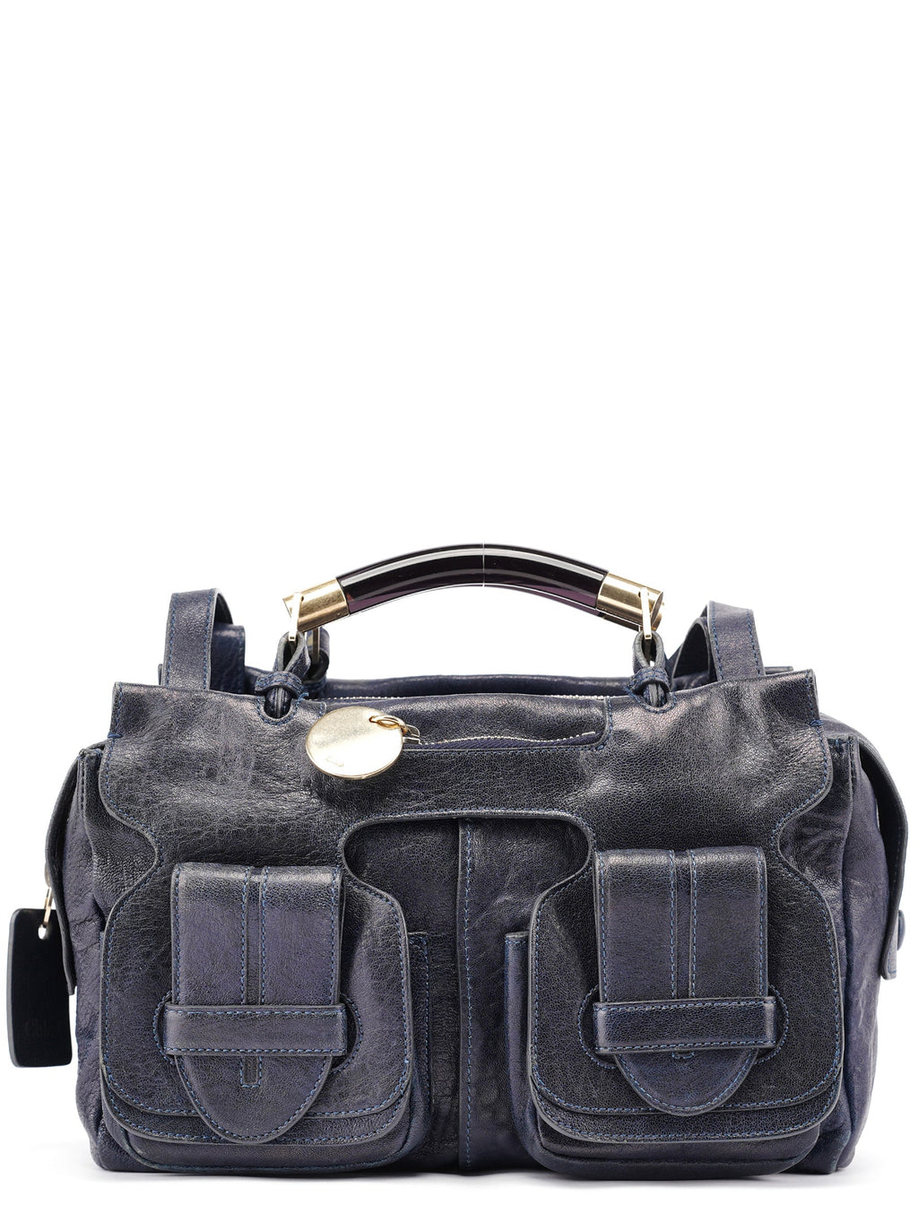 Navy Lambskin 2-Way Tote Bag