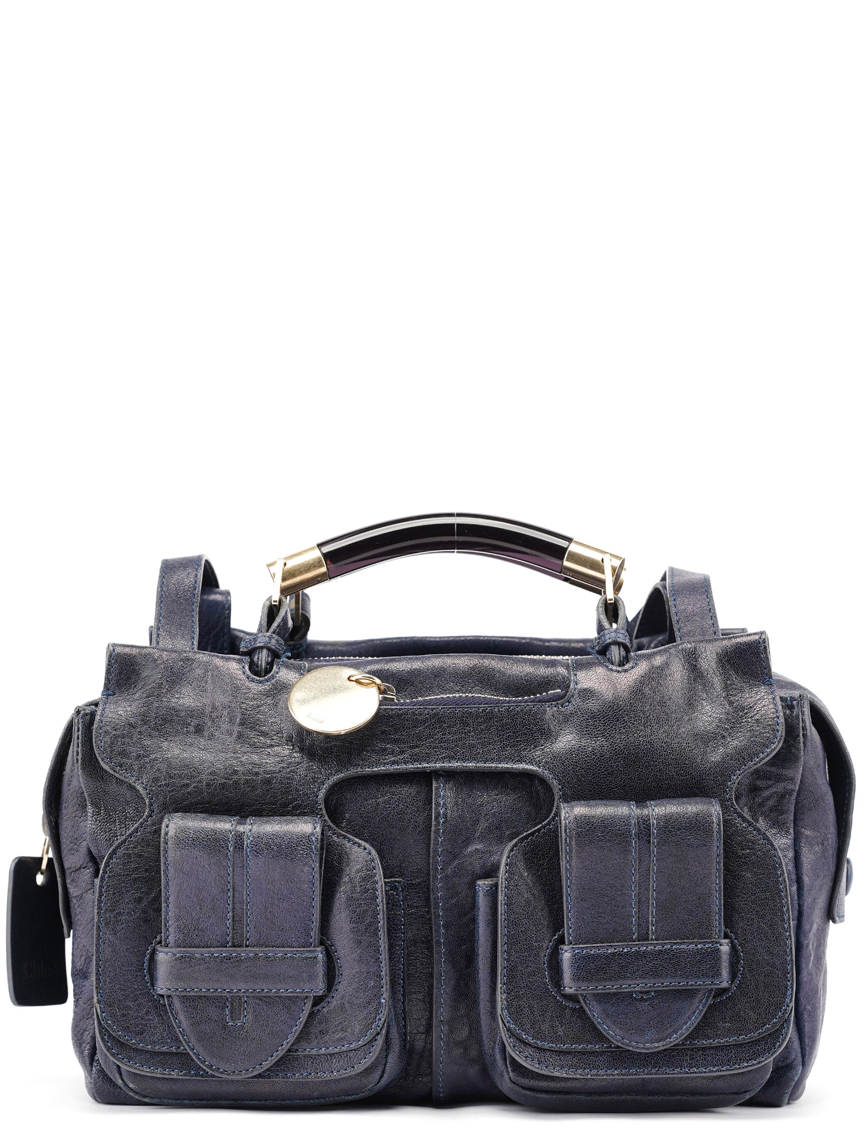 Navy Lambskin 2-Way Tote Bag