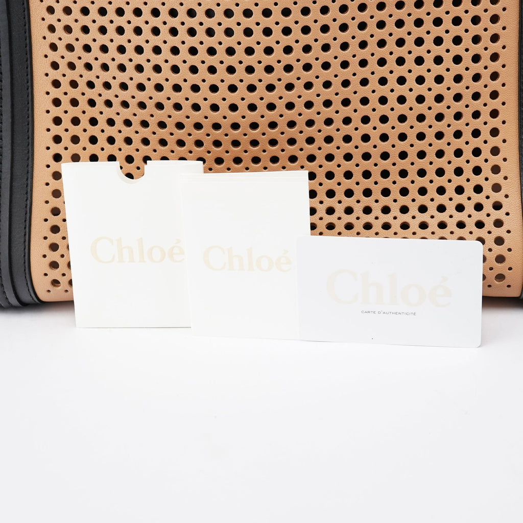 Soft Pink Black Perforated Leather Tote Bag
