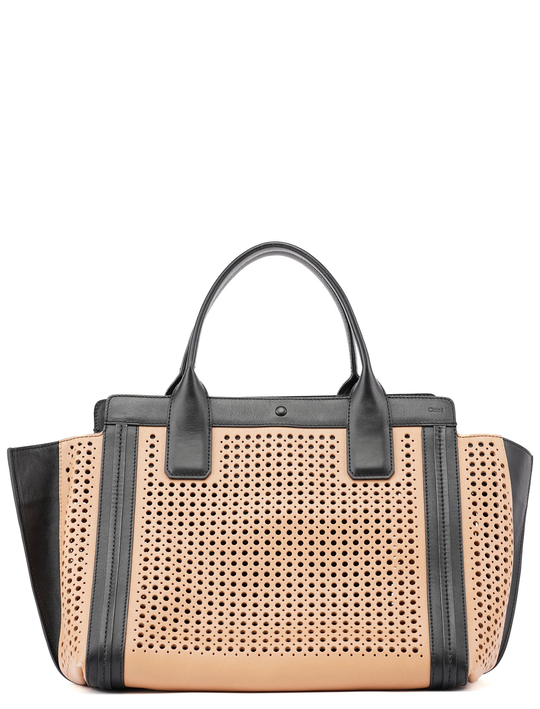 Soft Pink Black Perforated Leather Tote Bag