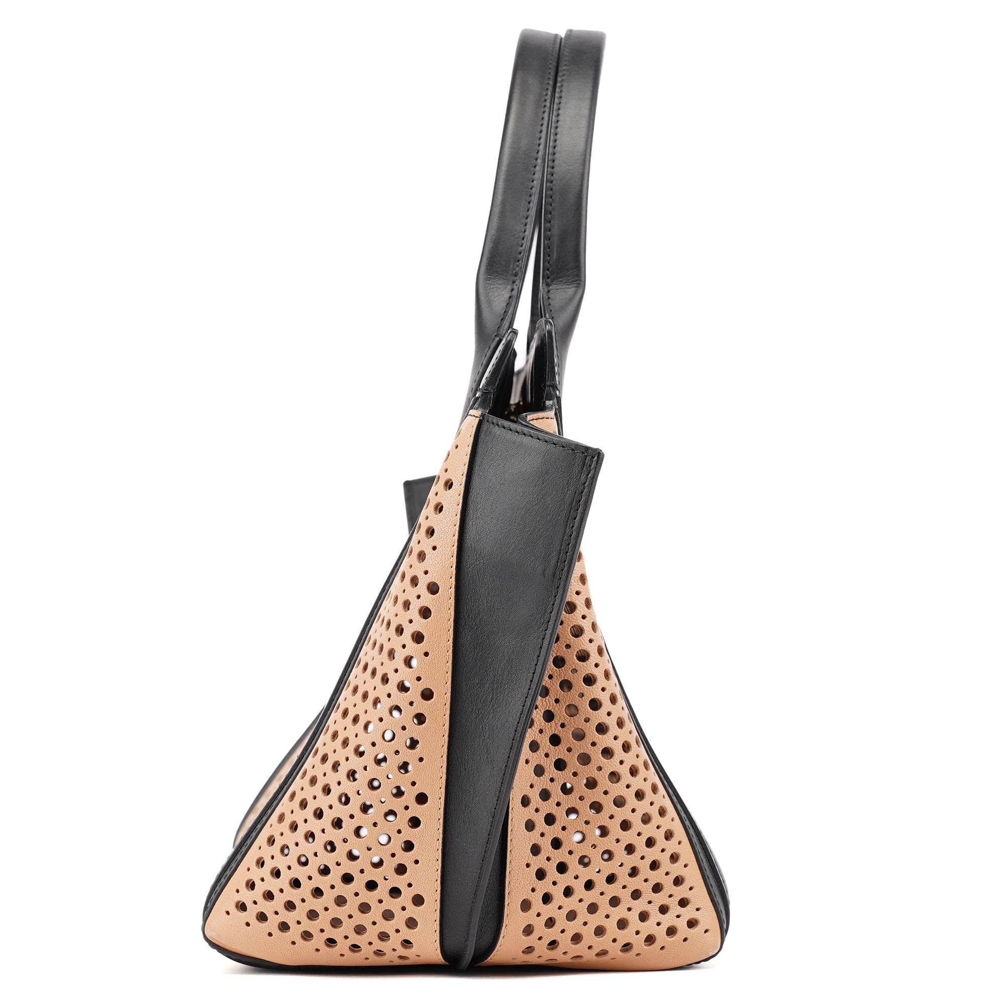 Soft Pink Black Perforated Leather Tote Bag