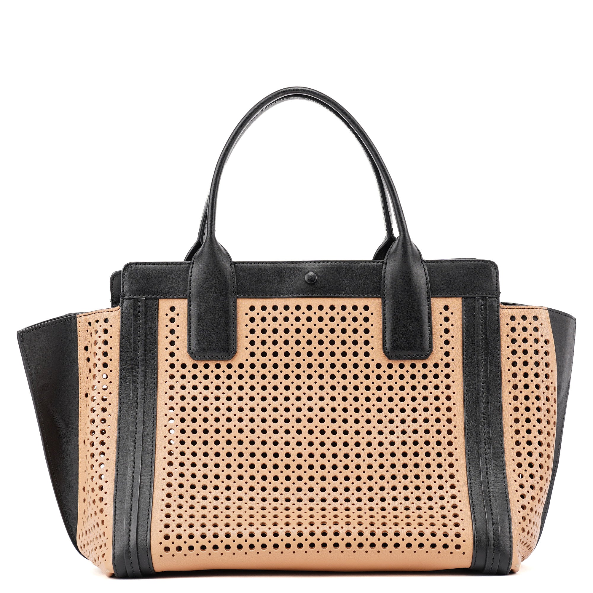 Soft Pink Black Perforated Leather Tote Bag