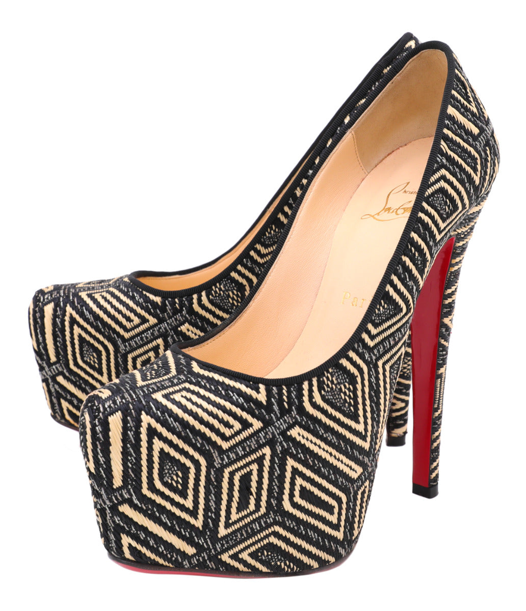 Christian Louboutin Bicolor Aztec Raffia Daffodile Platform Pumps 37.5