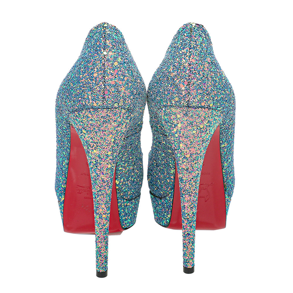 Christian Louboutin Blue Pink Multicolor Glitter Dragonfly Lady Peep 150 Pumps 37.5