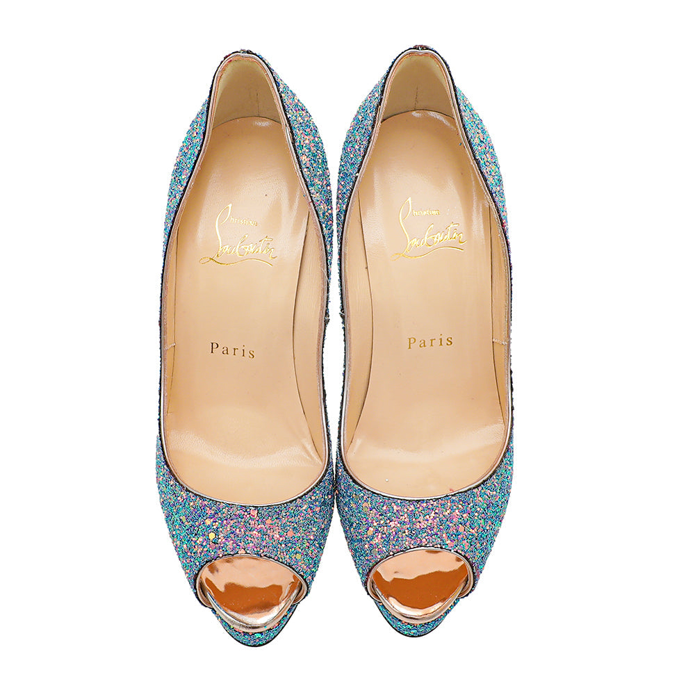 Christian Louboutin Blue Pink Multicolor Glitter Dragonfly Lady Peep 150 Pumps 37.5