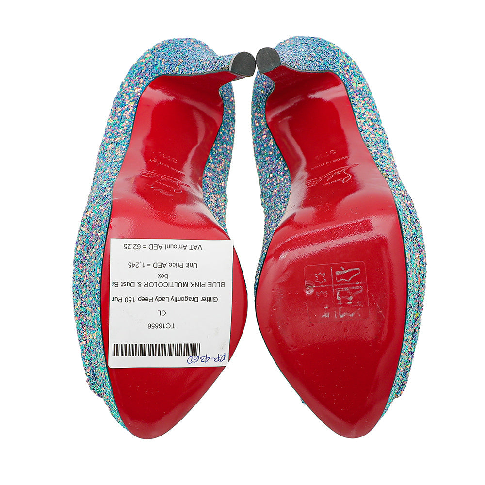 Christian Louboutin Blue Pink Multicolor Glitter Dragonfly Lady Peep 150 Pumps 37.5