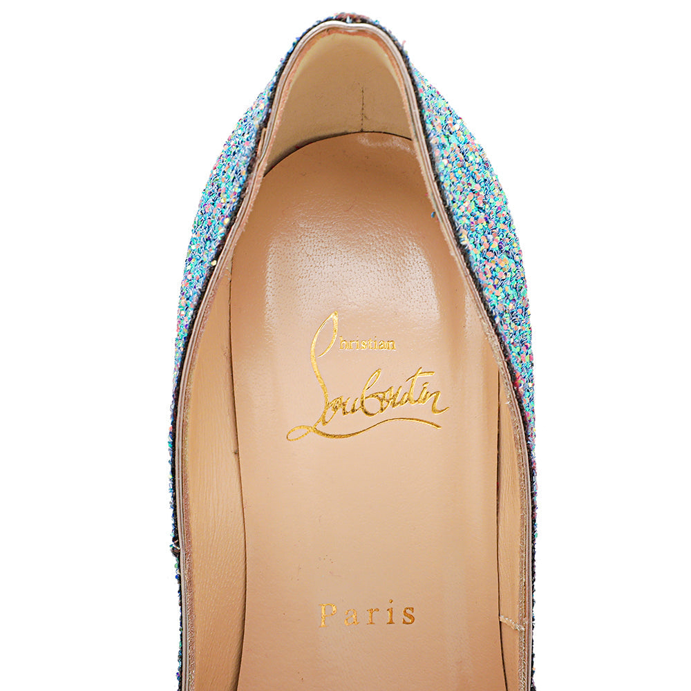 Christian Louboutin Blue Pink Multicolor Glitter Dragonfly Lady Peep 150 Pumps 37.5