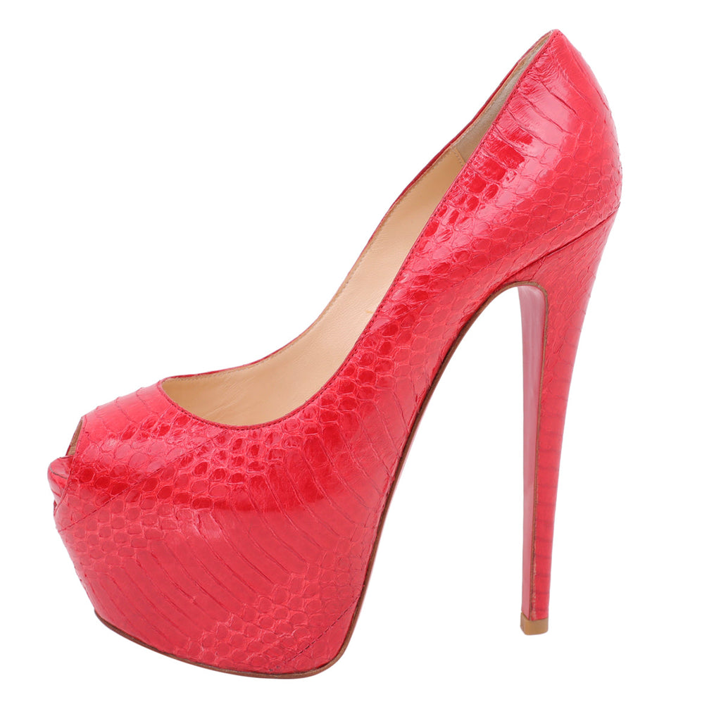 Christian Louboutin Red Python Highness 150mm Peep Toe Platform 37.5