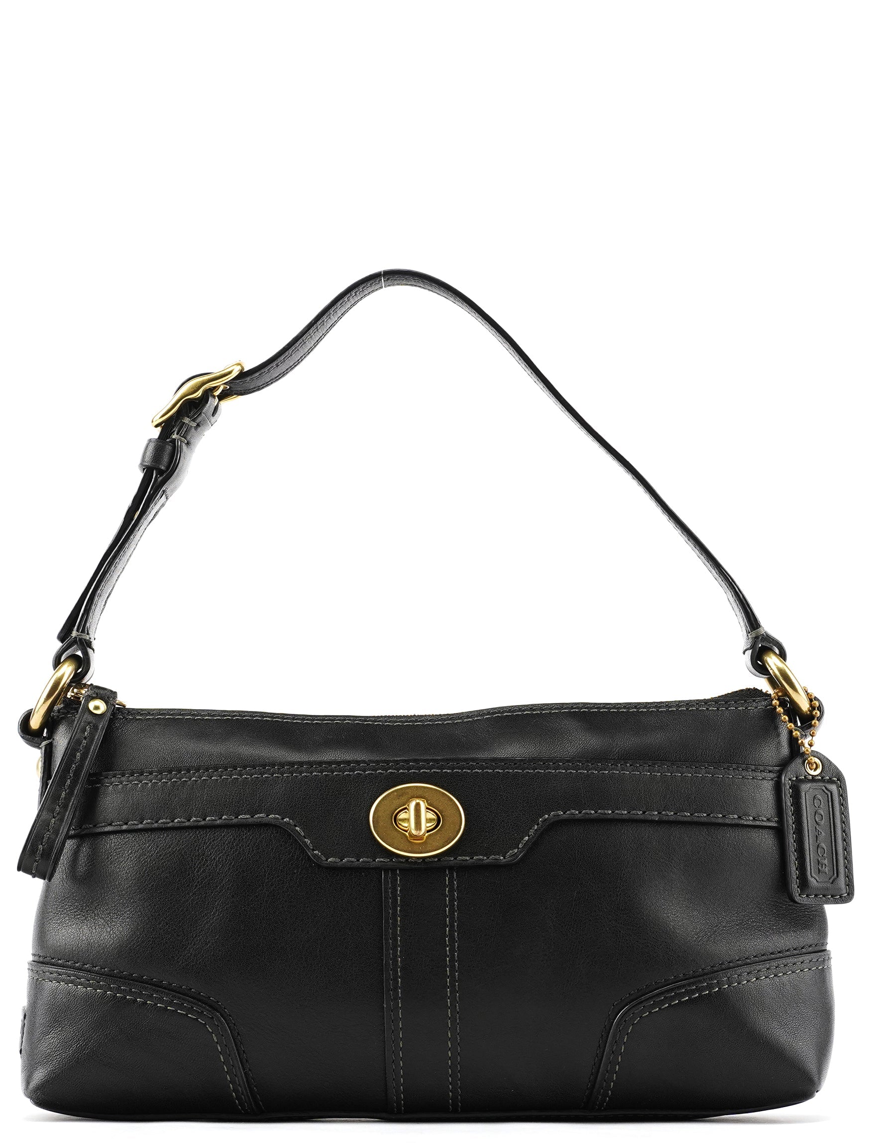 11042 Black Leather Turnlock Shoulder Bag