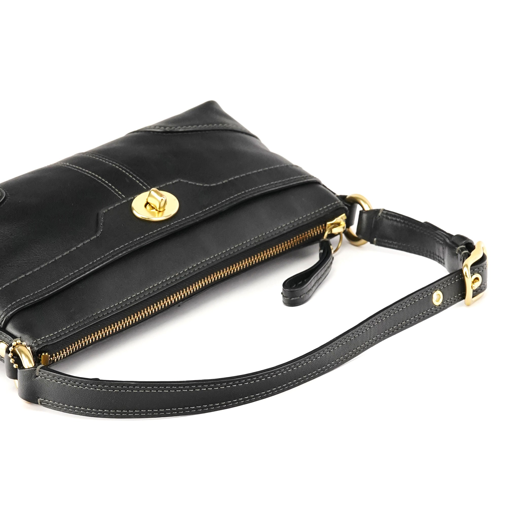 11042 Black Leather Turnlock Shoulder Bag