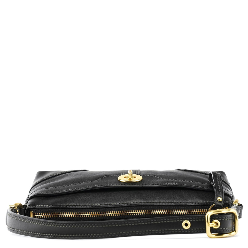11042 Black Leather Turnlock Shoulder Bag