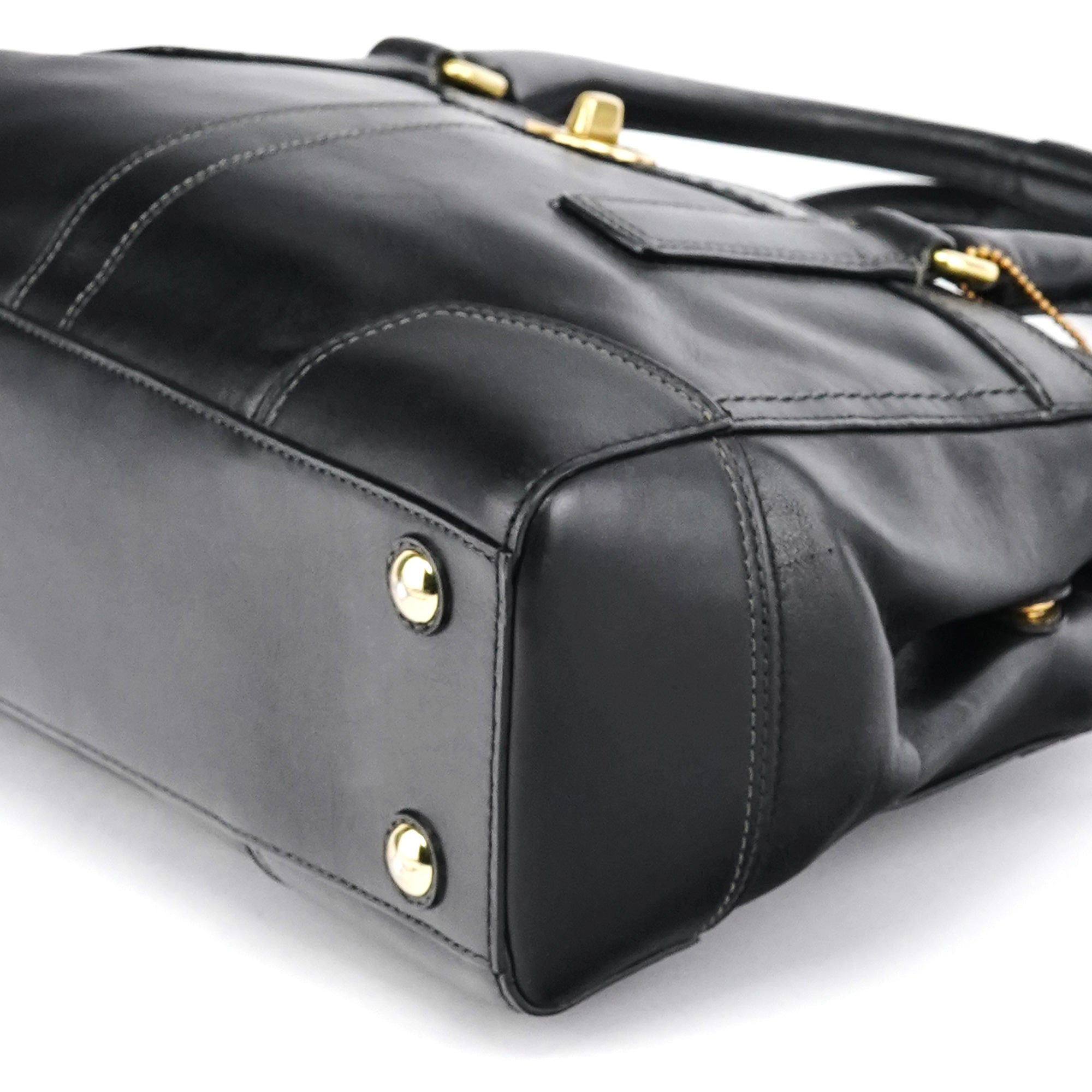 11047 Black Leather Turnlock Tote Bag