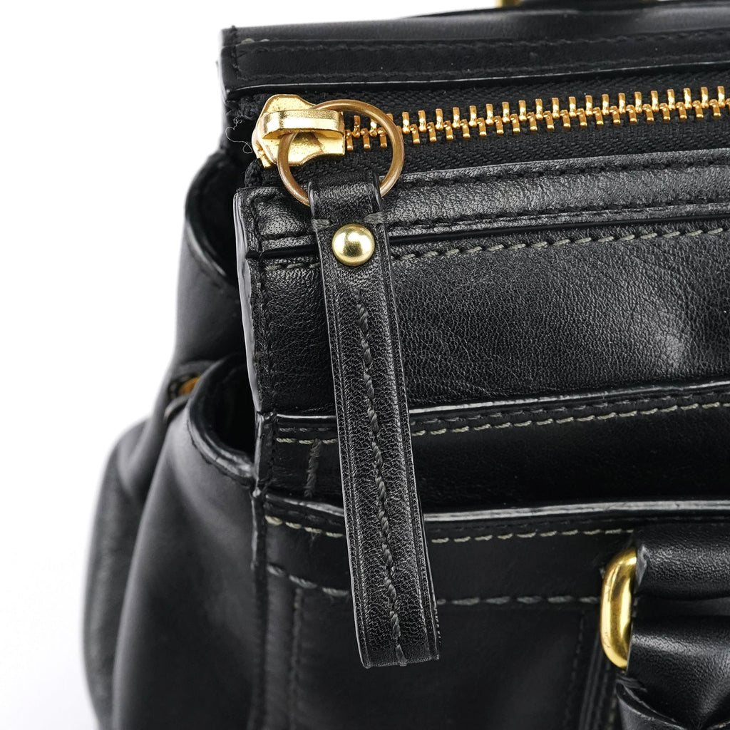 11047 Black Leather Turnlock Tote Bag