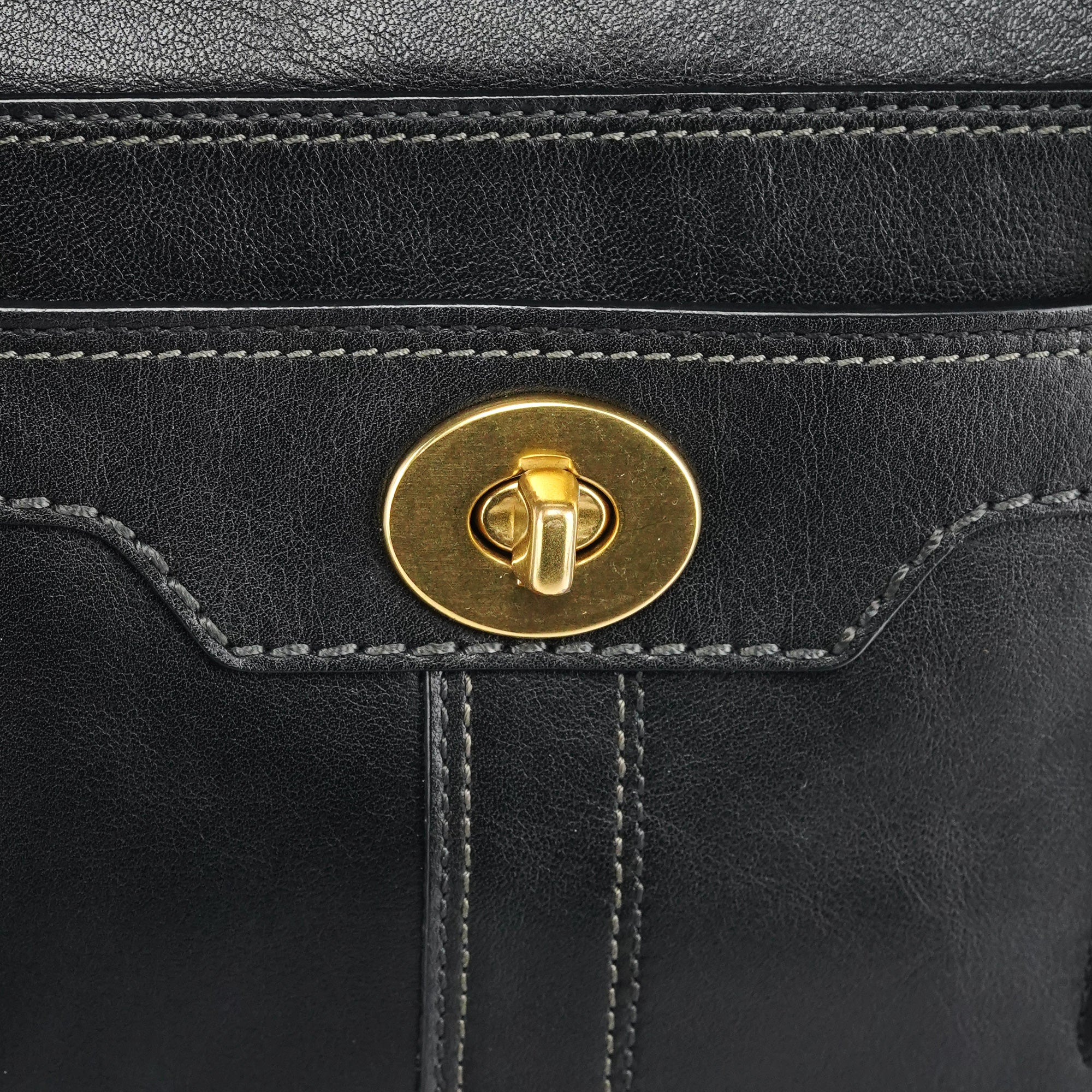 11047 Black Leather Turnlock Tote Bag