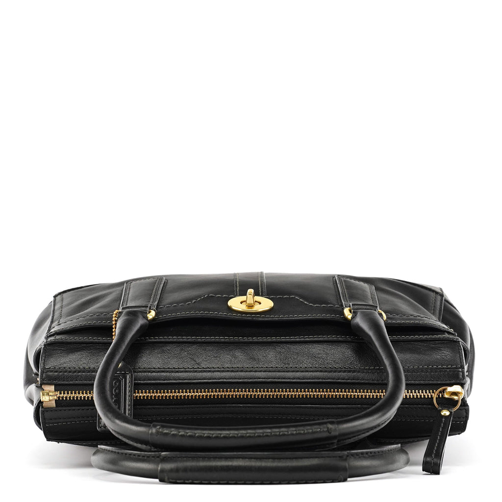 11047 Black Leather Turnlock Tote Bag