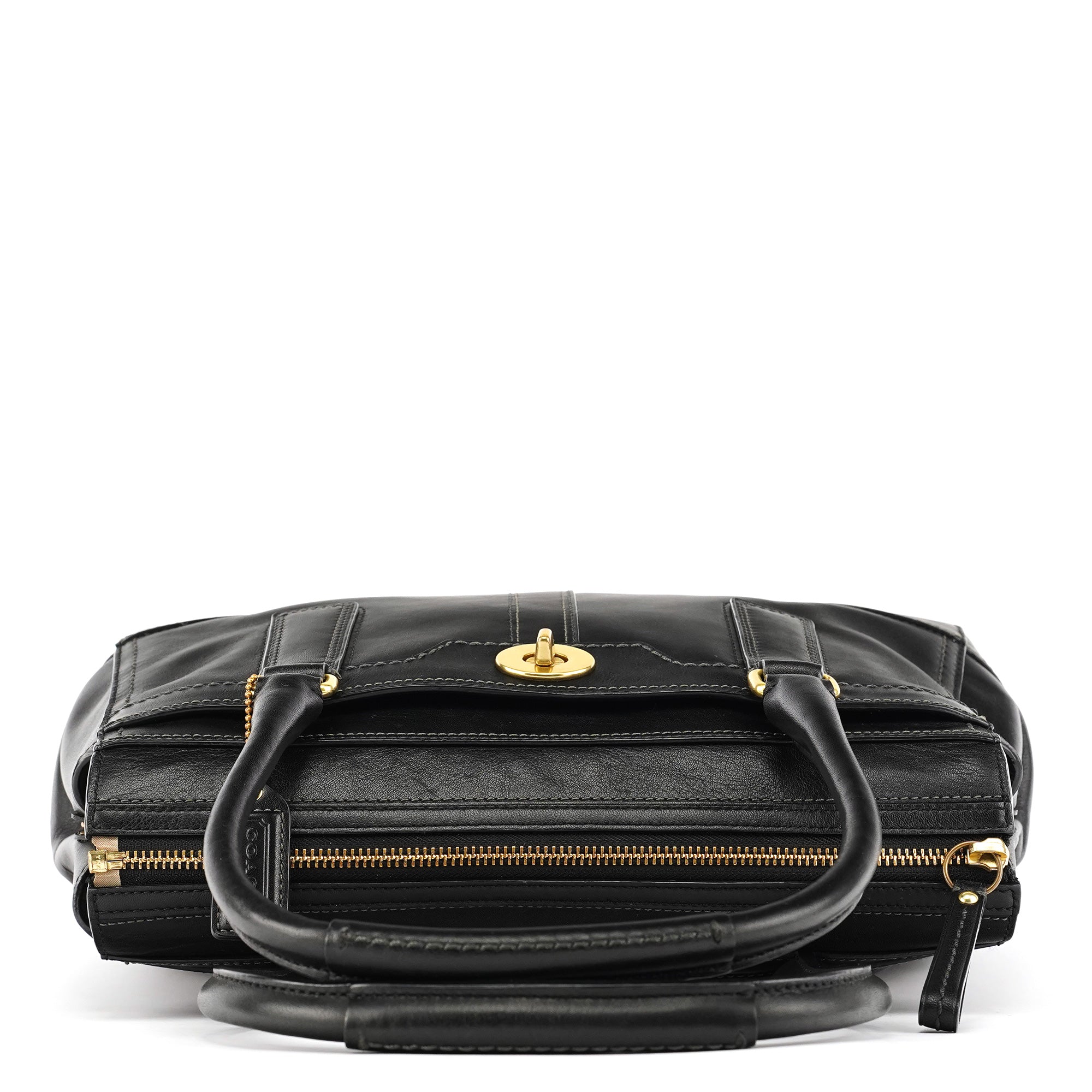 11047 Black Leather Turnlock Tote Bag