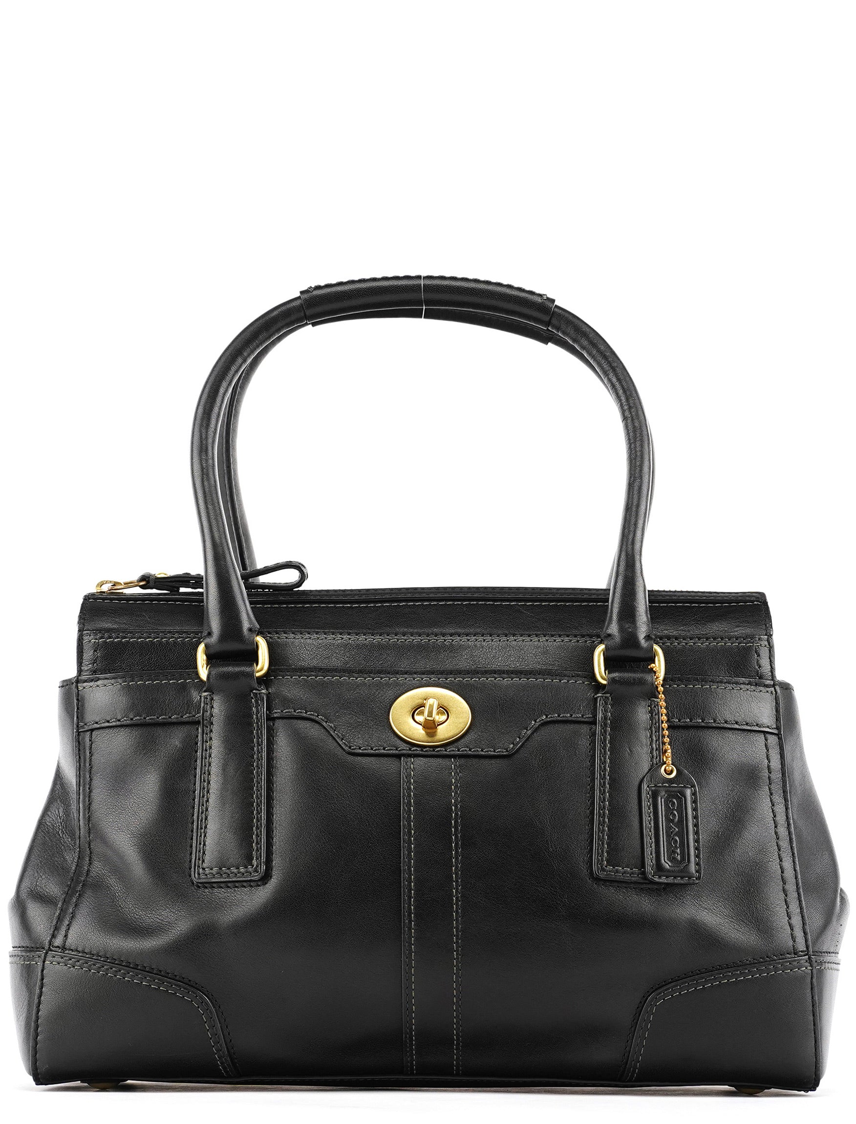 11047 Black Leather Turnlock Tote Bag