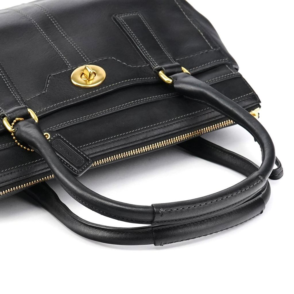 11047 Black Leather Turnlock Tote Bag