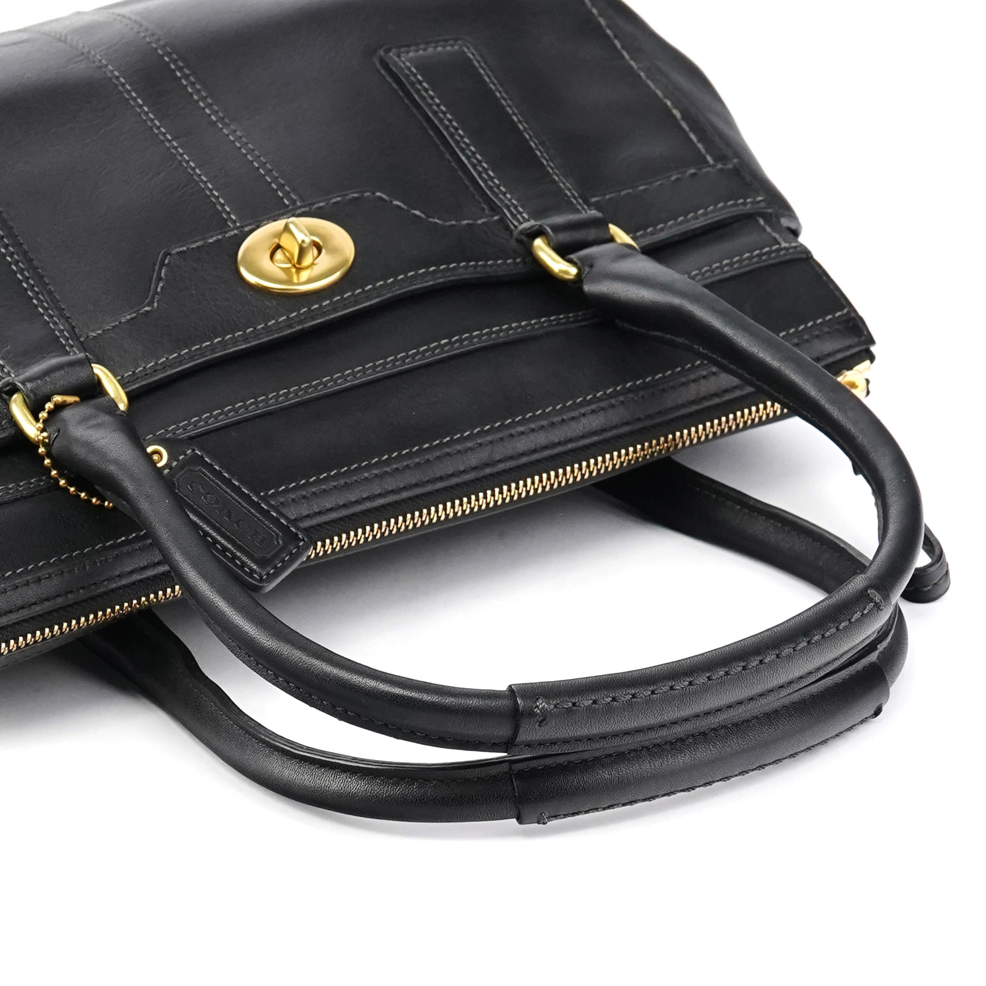 11047 Black Leather Turnlock Tote Bag